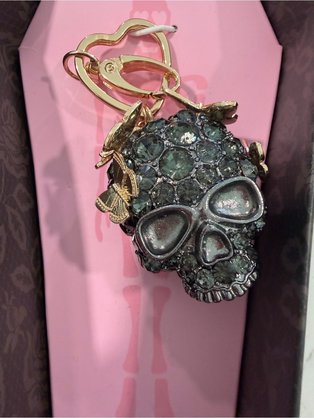 Betsey Johnson Black and Gold Crystal Skull Charm Keychain - Picture 2 of 3